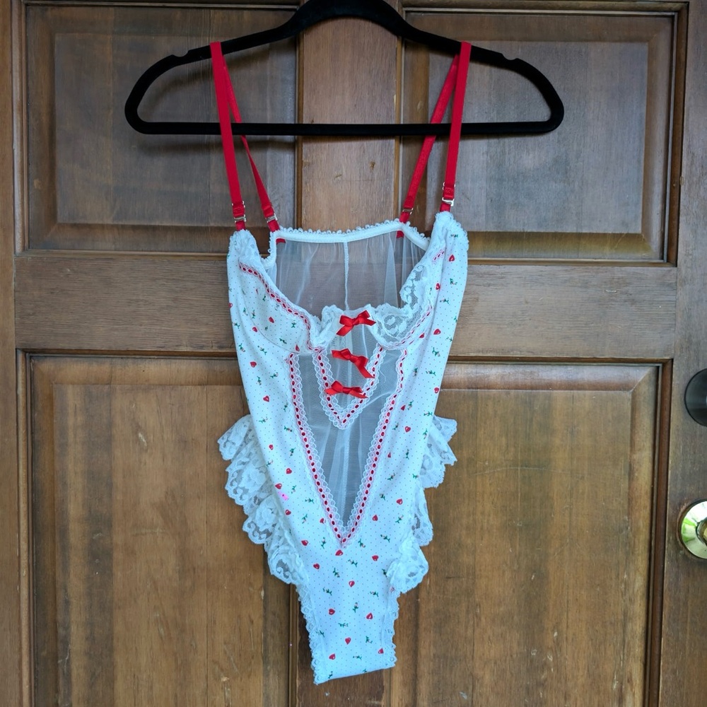 Vintage 90s White Lace Bodysuit with Red Accents